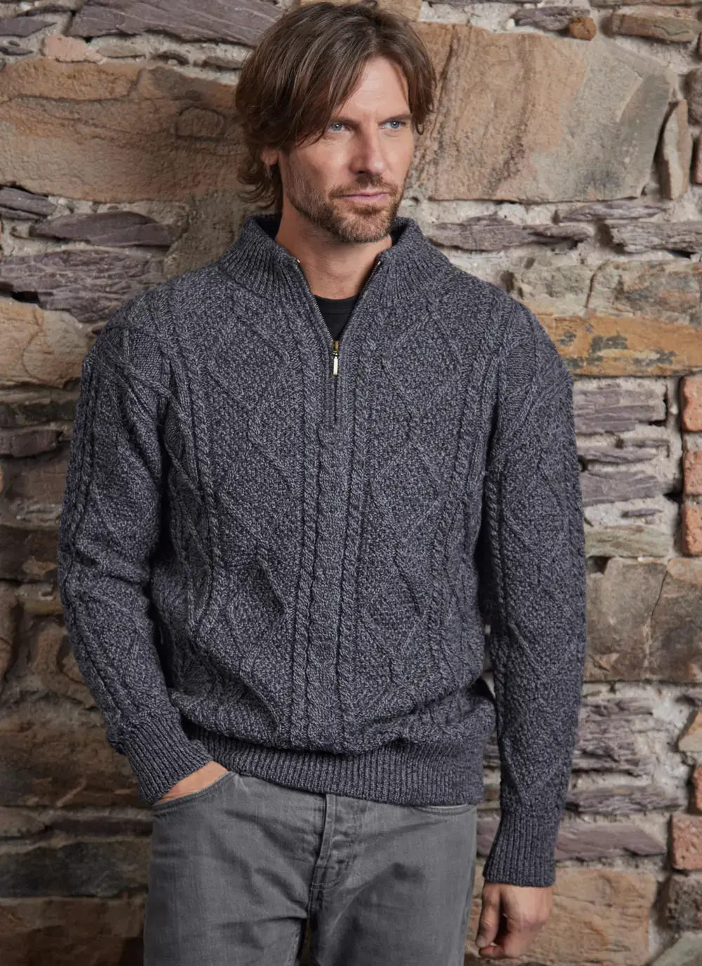 Inishmore Half Zip Aran Sweater in Slate